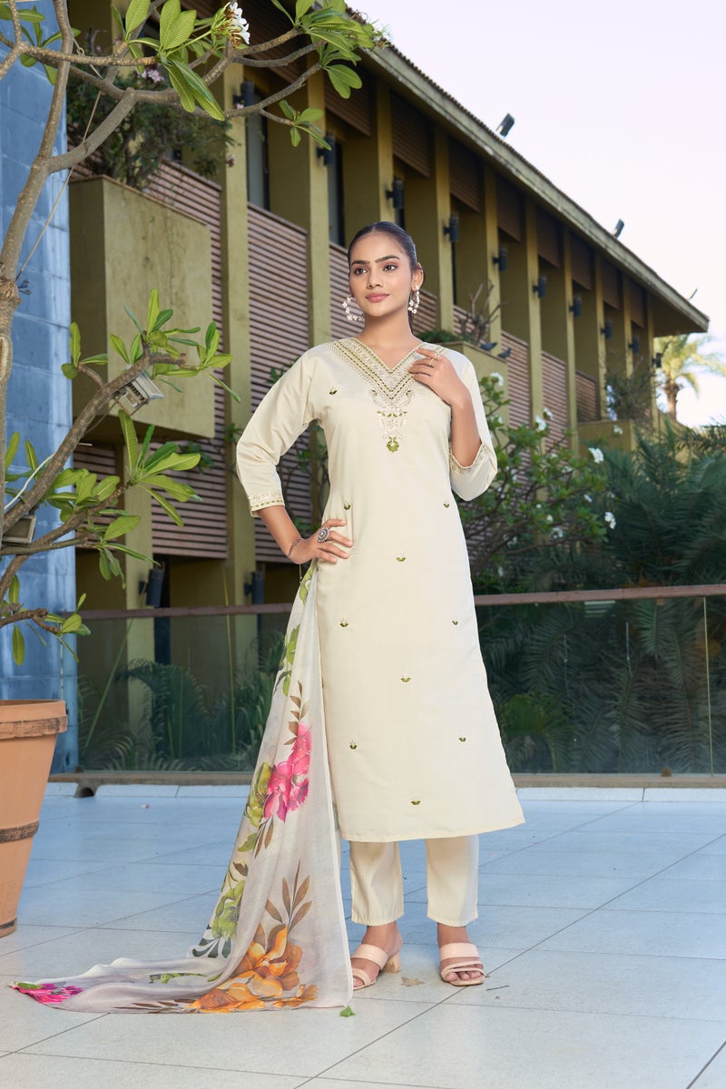 VISHVA CREATION Cream Straight Kurta Set for Women - Image 2